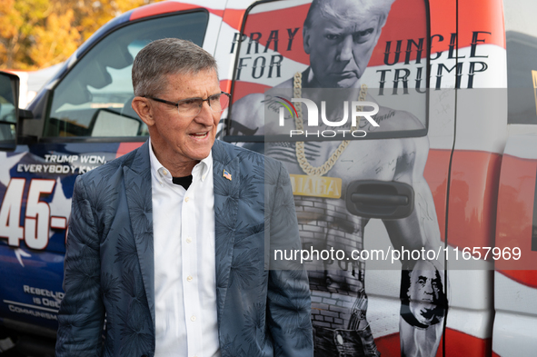 Former Trump National Security Advisor and retired three-star Lt. Gen. Michael Flynn speaks at the annual Rod of Iron Festival in Greeley, P...