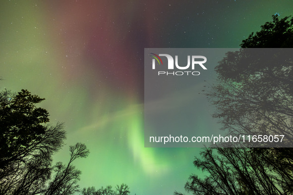 The Aurora Borealis, or Northern Lights, is visible over Chisago City, Minnesota, due to a major geomagnetic storm and heightened solar acti...