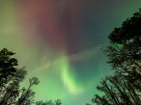 The Aurora Borealis, or Northern Lights, is visible over Chisago City, Minnesota, due to a major geomagnetic storm and heightened solar acti...