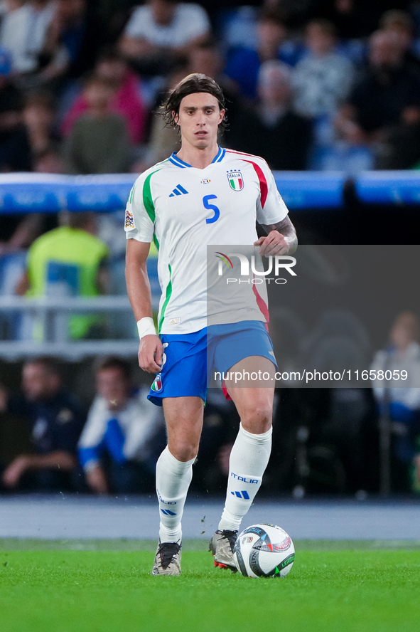 Riccardo Calafiori of Italy during the UEFA Nations League 2024/25 League A Group A2 match between Italy and Belgium at Stadio Olimpico on O...