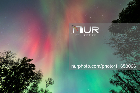 The Aurora Borealis, or Northern Lights, is visible over Chisago City, Minnesota, due to a major geomagnetic storm and heightened solar acti...