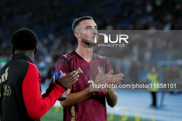 Zeno Debast of Belgium applauds his supporters during the UEFA Nations League 2024/25 League A Group A2 match between Italy and Belgium at S...