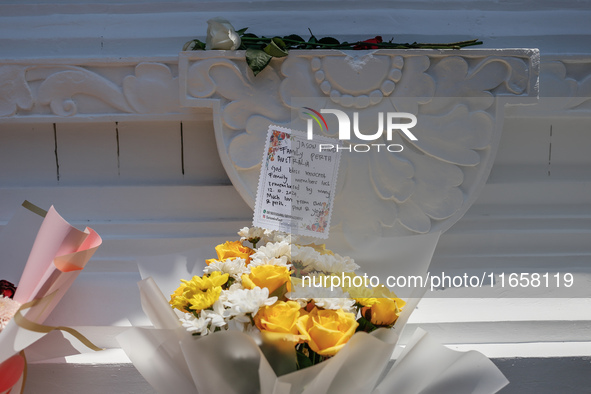 A wreath is placed at the Bali Bombing Memorial during the 22nd commemoration of the 2002 Bali bombing tragedy in Kuta, Bali, Indonesia, on...