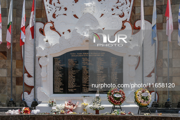 A wreath is placed at the Bali Bombing Memorial during the 22nd commemoration of the 2002 Bali bombing tragedy in Kuta, Bali, Indonesia, on...