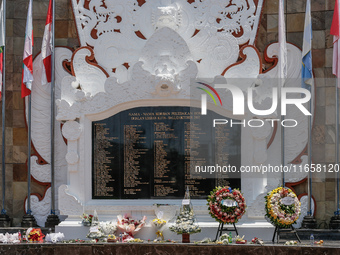 A wreath is placed at the Bali Bombing Memorial during the 22nd commemoration of the 2002 Bali bombing tragedy in Kuta, Bali, Indonesia, on...