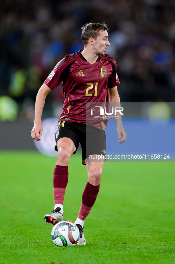 Timothy Castagne of Belgium during the UEFA Nations League 2024/25 League A Group A2 match between Italy and Belgium at Stadio Olimpico on O...