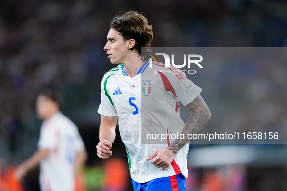 Riccardo Calafiori of Italy looks on during the UEFA Nations League 2024/25 League A Group A2 match between Italy and Belgium at Stadio Olim...