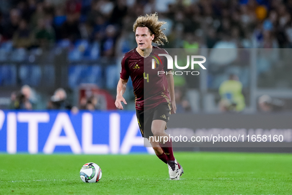 Wout Faes of Belgium during the UEFA Nations League 2024/25 League A Group A2 match between Italy and Belgium at Stadio Olimpico on October...