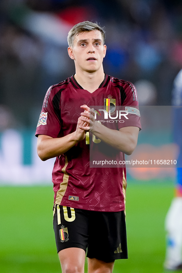 Leonardo Trossard of Belgium applauds his supporters during the UEFA Nations League 2024/25 League A Group A2 match between Italy and Belgiu...