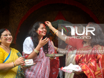 Hindu women apply ''sindhur,'' or vermillion powder, on each other's faces after worshipping the idol of the Hindu goddess Durga on the last...