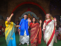 Devotees dance during the final day ''Vijayadashami,'' marking the end of the Durga Puja festival in Kolkata, India, on October 12, 2024. (