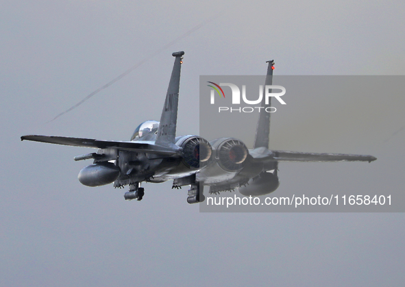 A McDonnell Douglas F-15 Eagle aircraft of the United States Air Force participates in the Tactical Leadership Programme in Albacete, Spain,...