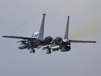 A McDonnell Douglas F-15 Eagle aircraft of the United States Air Force participates in the Tactical Leadership Programme in Albacete, Spain,...