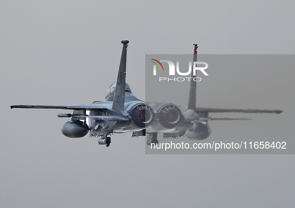 A McDonnell Douglas F-15 Eagle aircraft of the United States Air Force participates in the Tactical Leadership Programme in Albacete, Spain,...