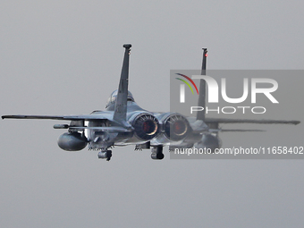 A McDonnell Douglas F-15 Eagle aircraft of the United States Air Force participates in the Tactical Leadership Programme in Albacete, Spain,...