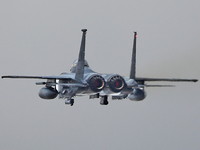 A McDonnell Douglas F-15 Eagle aircraft of the United States Air Force participates in the Tactical Leadership Programme in Albacete, Spain,...