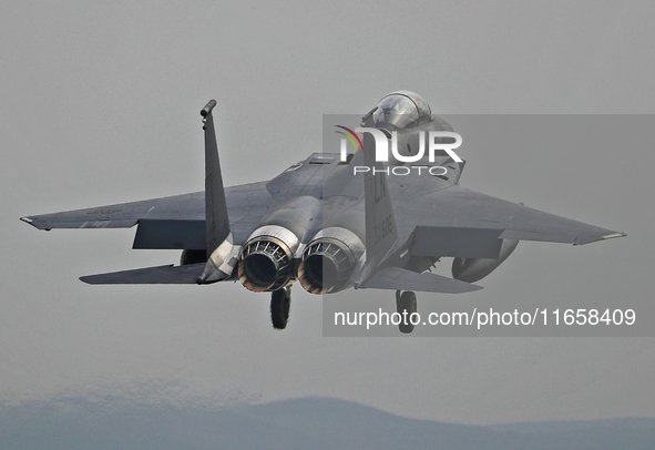 A McDonnell Douglas F-15 Eagle aircraft of the United States Air Force participates in the Tactical Leadership Programme in Albacete, Spain,...