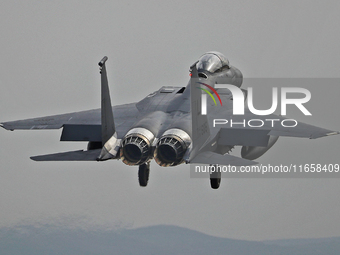 A McDonnell Douglas F-15 Eagle aircraft of the United States Air Force participates in the Tactical Leadership Programme in Albacete, Spain,...