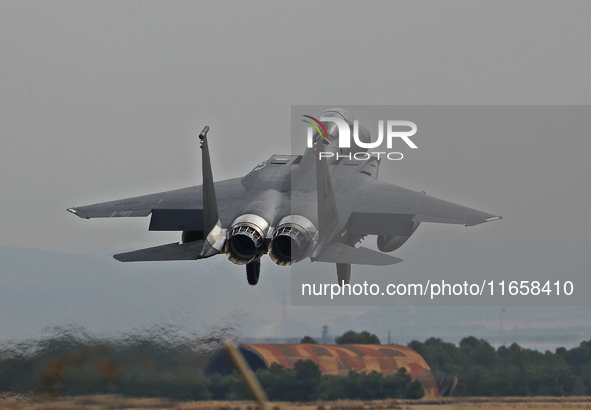 A McDonnell Douglas F-15 Eagle aircraft of the United States Air Force participates in the Tactical Leadership Programme in Albacete, Spain,...