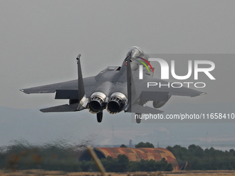 A McDonnell Douglas F-15 Eagle aircraft of the United States Air Force participates in the Tactical Leadership Programme in Albacete, Spain,...