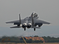 A McDonnell Douglas F-15 Eagle aircraft of the United States Air Force participates in the Tactical Leadership Programme in Albacete, Spain,...