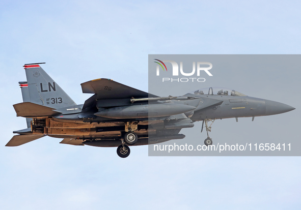 A McDonnell Douglas F-15 Eagle aircraft of the United States Air Force participates in the Tactical Leadership Programme in Albacete, Spain,...