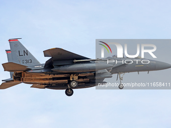 A McDonnell Douglas F-15 Eagle aircraft of the United States Air Force participates in the Tactical Leadership Programme in Albacete, Spain,...