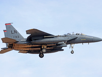 A McDonnell Douglas F-15 Eagle aircraft of the United States Air Force participates in the Tactical Leadership Programme in Albacete, Spain,...