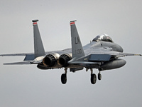 A McDonnell Douglas F-15 Eagle aircraft of the United States Air Force participates in the Tactical Leadership Programme in Albacete, Spain,...