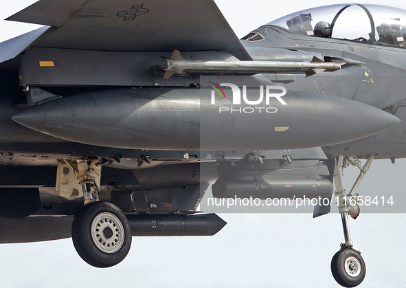 A McDonnell Douglas F-15 Eagle aircraft of the United States Air Force participates in the Tactical Leadership Programme in Albacete, Spain,...