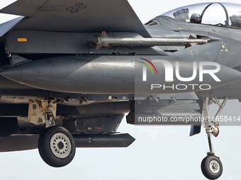 A McDonnell Douglas F-15 Eagle aircraft of the United States Air Force participates in the Tactical Leadership Programme in Albacete, Spain,...