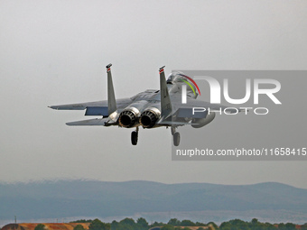 A McDonnell Douglas F-15 Eagle aircraft of the United States Air Force participates in the Tactical Leadership Programme in Albacete, Spain,...