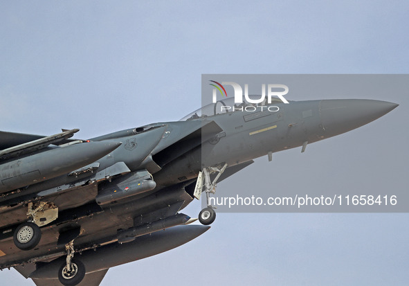 A McDonnell Douglas F-15 Eagle aircraft of the United States Air Force participates in the Tactical Leadership Programme in Albacete, Spain,...