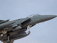 A McDonnell Douglas F-15 Eagle aircraft of the United States Air Force participates in the Tactical Leadership Programme in Albacete, Spain,...