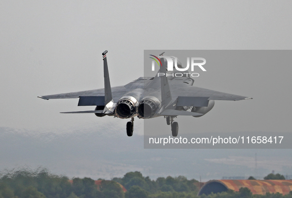 A McDonnell Douglas F-15 Eagle aircraft of the United States Air Force participates in the Tactical Leadership Programme in Albacete, Spain,...