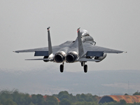 A McDonnell Douglas F-15 Eagle aircraft of the United States Air Force participates in the Tactical Leadership Programme in Albacete, Spain,...