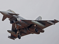 Eurofighter Typhoon EF2000 aircraft of the Spain Air Force participate in the Tactical Leadership Programme in Albacete, Spain, on September...