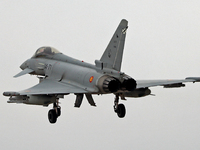 Eurofighter Typhoon EF2000 aircraft of the Spain Air Force participate in the Tactical Leadership Programme in Albacete, Spain, on September...