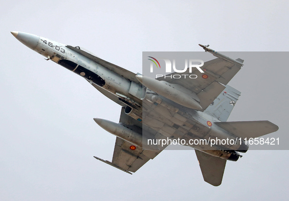 A McDonnell Douglas F/A-18A+ Hornet aircraft of the Spanish Air Force participates in the Tactical Leadership Programme in Albacete, Spain,...