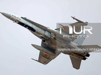 A McDonnell Douglas F/A-18A+ Hornet aircraft of the Spanish Air Force participates in the Tactical Leadership Programme in Albacete, Spain,...