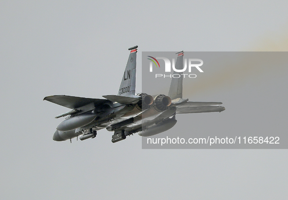 A McDonnell Douglas F-15 Eagle aircraft of the United States Air Force participates in the Tactical Leadership Programme in Albacete, Spain,...