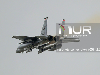 A McDonnell Douglas F-15 Eagle aircraft of the United States Air Force participates in the Tactical Leadership Programme in Albacete, Spain,...