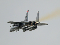 A McDonnell Douglas F-15 Eagle aircraft of the United States Air Force participates in the Tactical Leadership Programme in Albacete, Spain,...