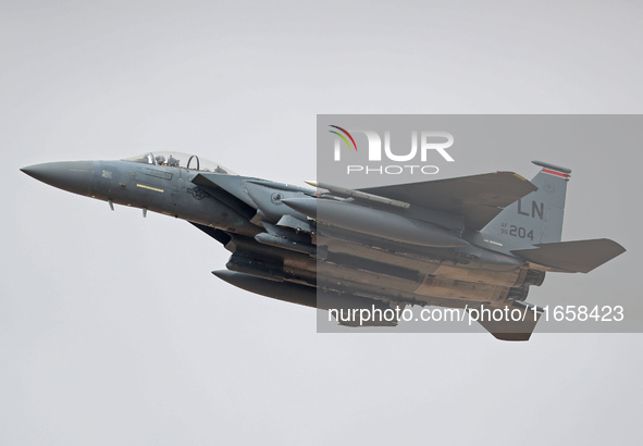 A McDonnell Douglas F-15 Eagle aircraft of the United States Air Force participates in the Tactical Leadership Programme in Albacete, Spain,...