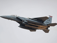 A McDonnell Douglas F-15 Eagle aircraft of the United States Air Force participates in the Tactical Leadership Programme in Albacete, Spain,...