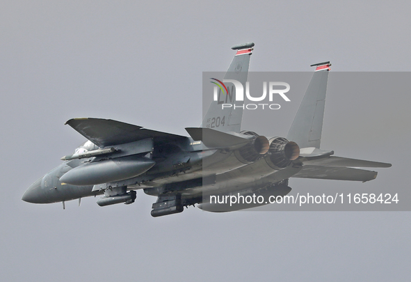 A McDonnell Douglas F-15 Eagle aircraft of the United States Air Force participates in the Tactical Leadership Programme in Albacete, Spain,...