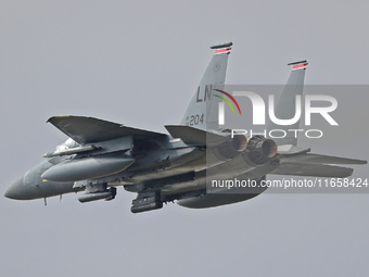 A McDonnell Douglas F-15 Eagle aircraft of the United States Air Force participates in the Tactical Leadership Programme in Albacete, Spain,...