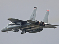 A McDonnell Douglas F-15 Eagle aircraft of the United States Air Force participates in the Tactical Leadership Programme in Albacete, Spain,...