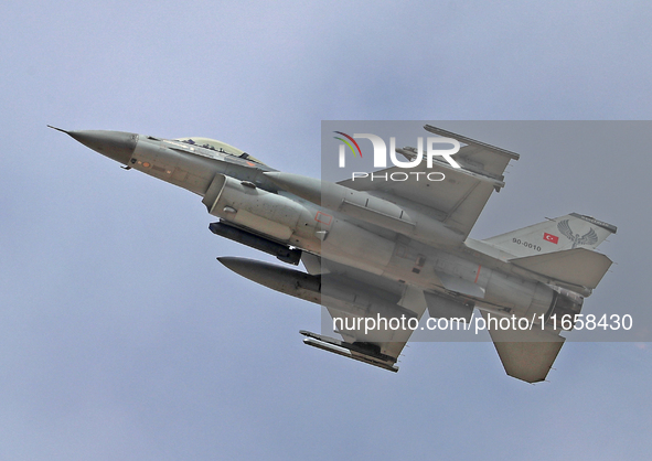 A General Dynamics F-16D Fighting Falcon aircraft of the Turkey Air Force participates in the Tactical Leadership Programme in Albacete, Spa...