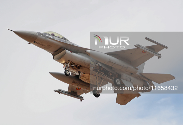 A General Dynamics F-16 Fighting Falcon of the Romanian Air Force participates in the Tactical Leadership Programme in Albacete, Spain, on S...